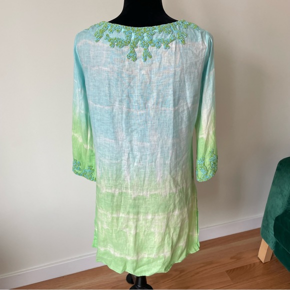 Tashia London Blue Green Ombre Tie Dye Beaded Linen Tunic Top Size Small - Picture 3 of 8
